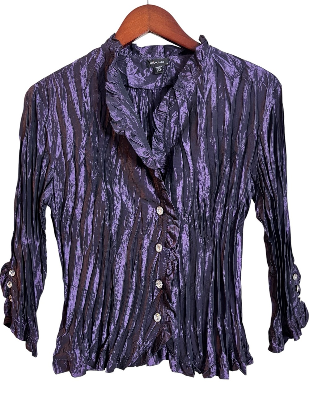 Y2K Purple Crinkle Pleated Crystal Buttons Ruffle Blouse Medium Whimsigoth Artsy